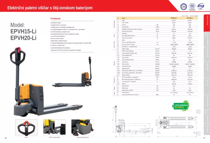 Električni paletni viličari s litij-ionskom baterijom - nosivost 1500kg i 2000kg
