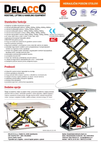 DELACCO hidraulični podizni stolovi, podizne platforme, specifikacije