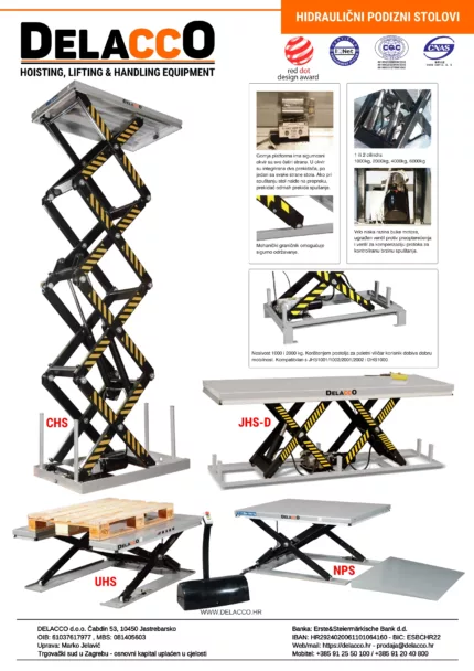 DELACCO hidraulični podizni stolovi, podizne platforme, specifikacije