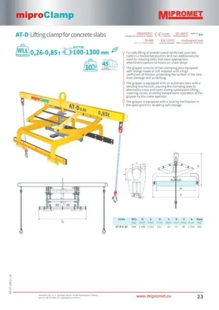 AT-D Automatska hvataljka za betonske ploče | raspon 100-1300 mm