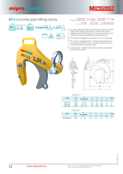 AT-I Hvataljka za betonske cijevi | nosivost 1000-2000kg | DIN 4034 | Mipromet