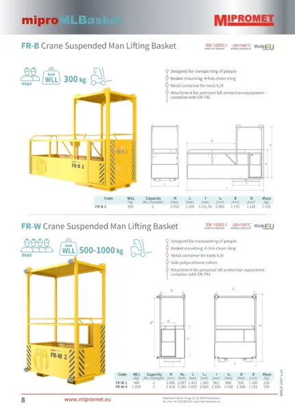 FR-B Niskoprofilna radna košara za viličar (2 osobe) | FR-W Radna košara za viličar s bočnim valjcima